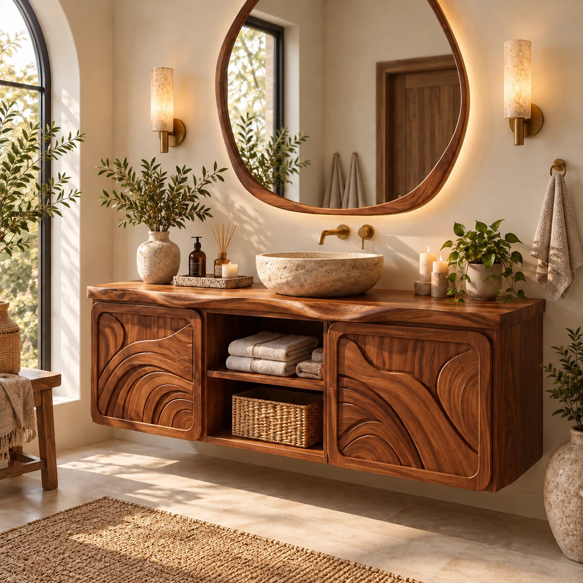 Floating Bathroom Vanity with Sink, Ripple-Carved End Doors and Open Towel Niche - Woodenecho