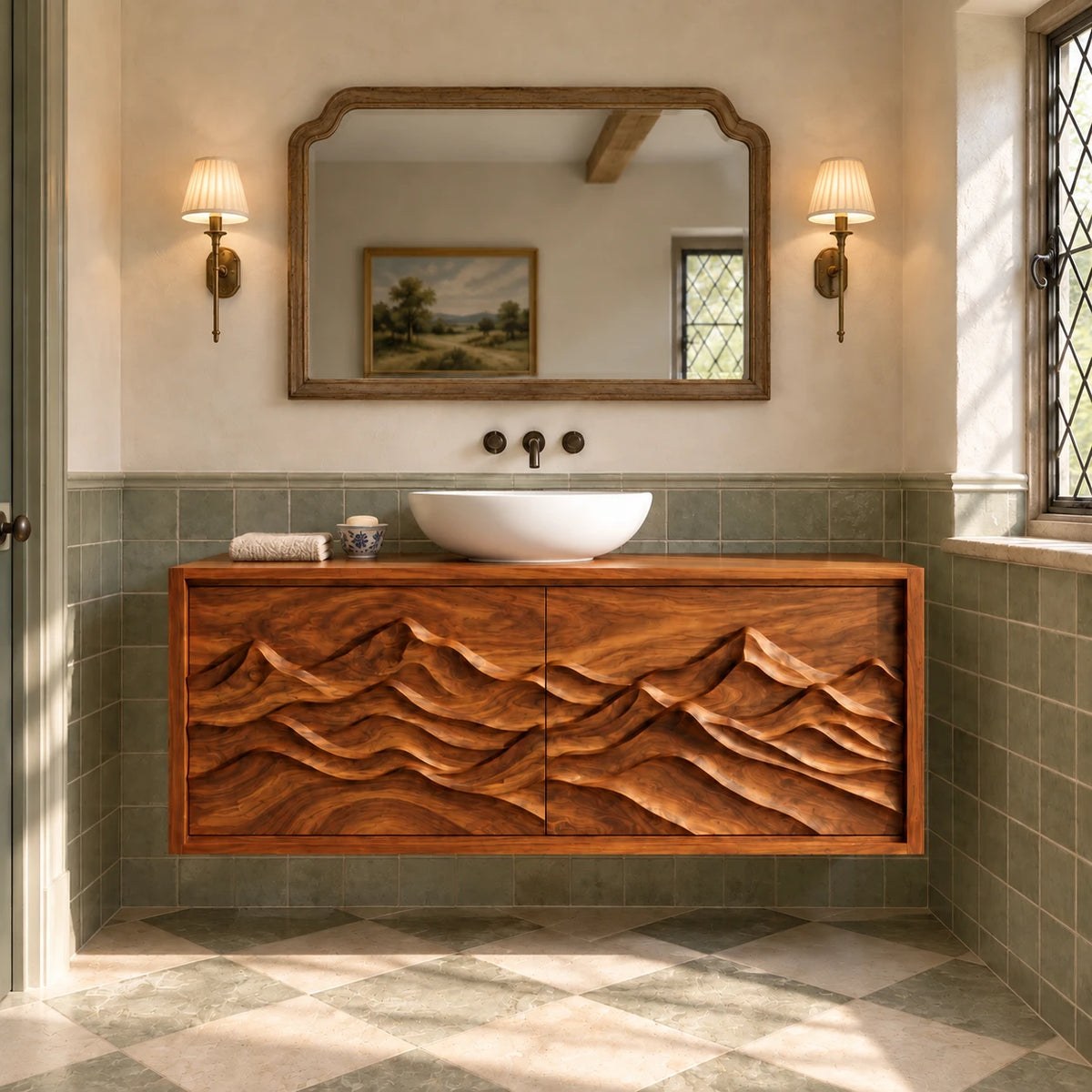 Floating Bathroom Vanity with Sink, Twin Wave-Carved Doors and Framed Front - Woodenecho - 10
