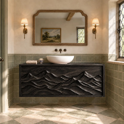 Floating Bathroom Vanity with Sink, Twin Wave-Carved Doors and Framed Front - Woodenecho - 11