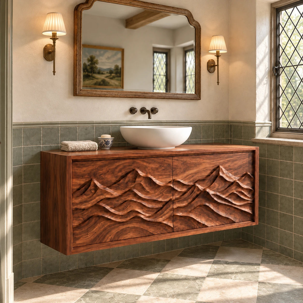 Floating Bathroom Vanity with Sink, Twin Wave-Carved Doors and Framed Front - Woodenecho - 2