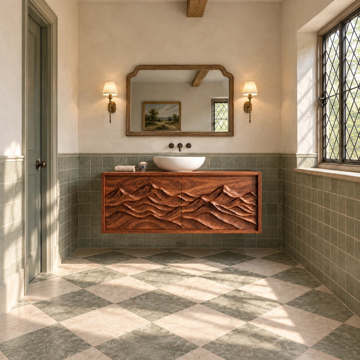 Floating Bathroom Vanity with Sink, Twin Wave-Carved Doors and Framed Front - Woodenecho - 3