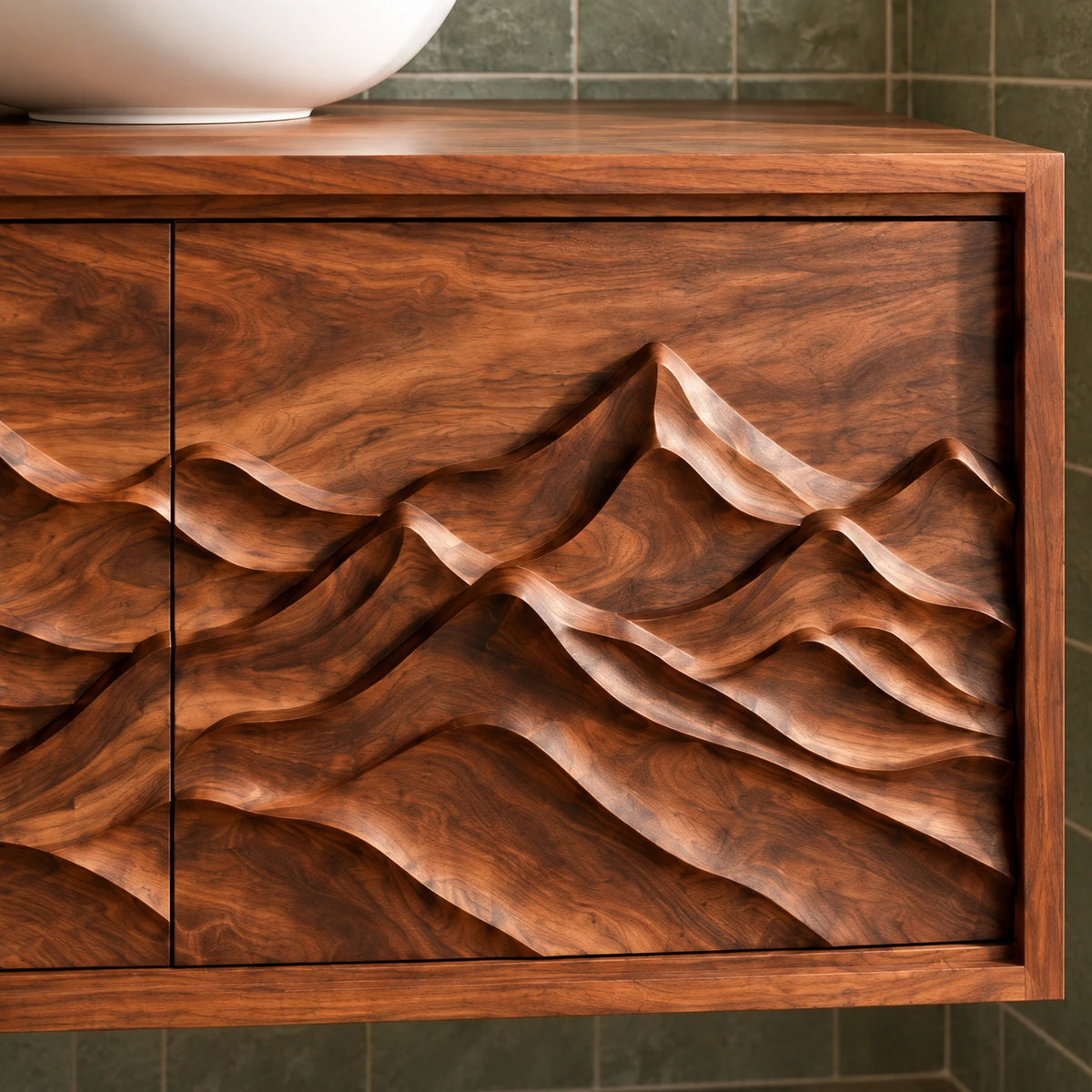 Floating Bathroom Vanity with Sink, Twin Wave-Carved Doors and Framed Front - Woodenecho - 4