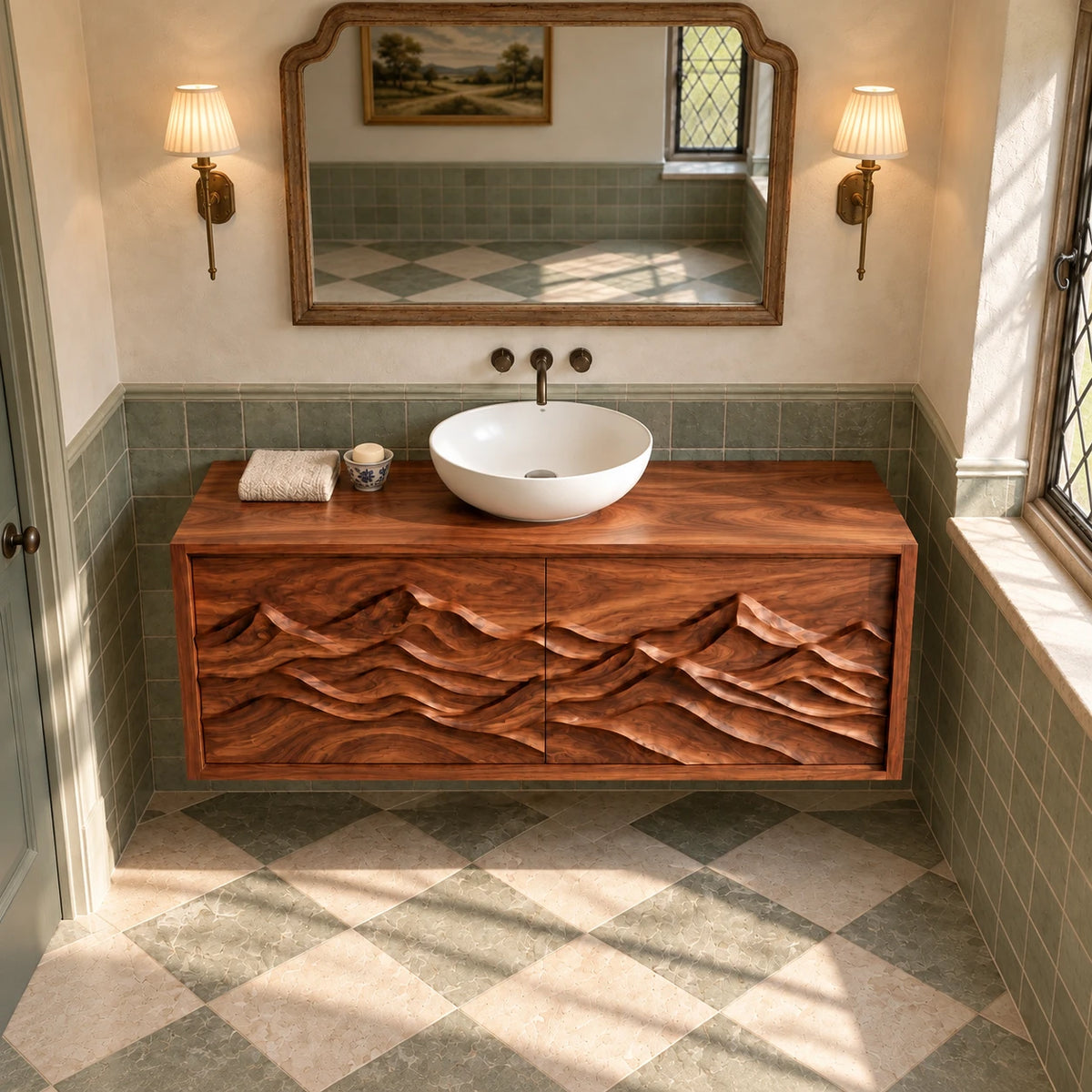 Floating Bathroom Vanity with Sink, Twin Wave-Carved Doors and Framed Front - Woodenecho - 5