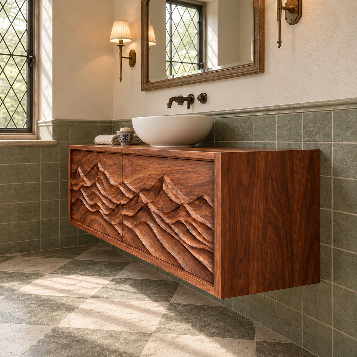 Floating Bathroom Vanity with Sink, Twin Wave-Carved Doors and Framed Front - Woodenecho - 6