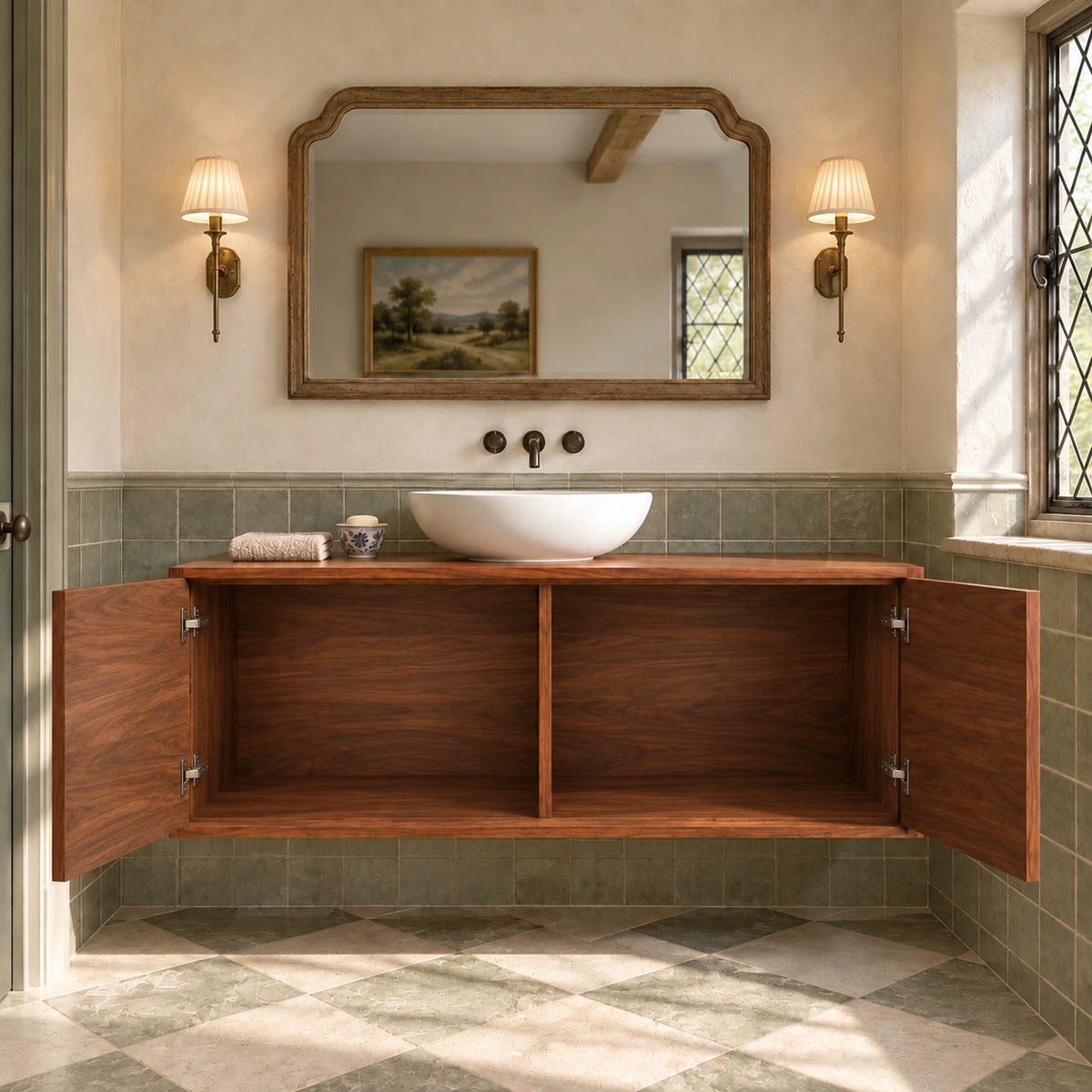 Floating Bathroom Vanity with Sink, Twin Wave-Carved Doors and Framed Front - Woodenecho - 7