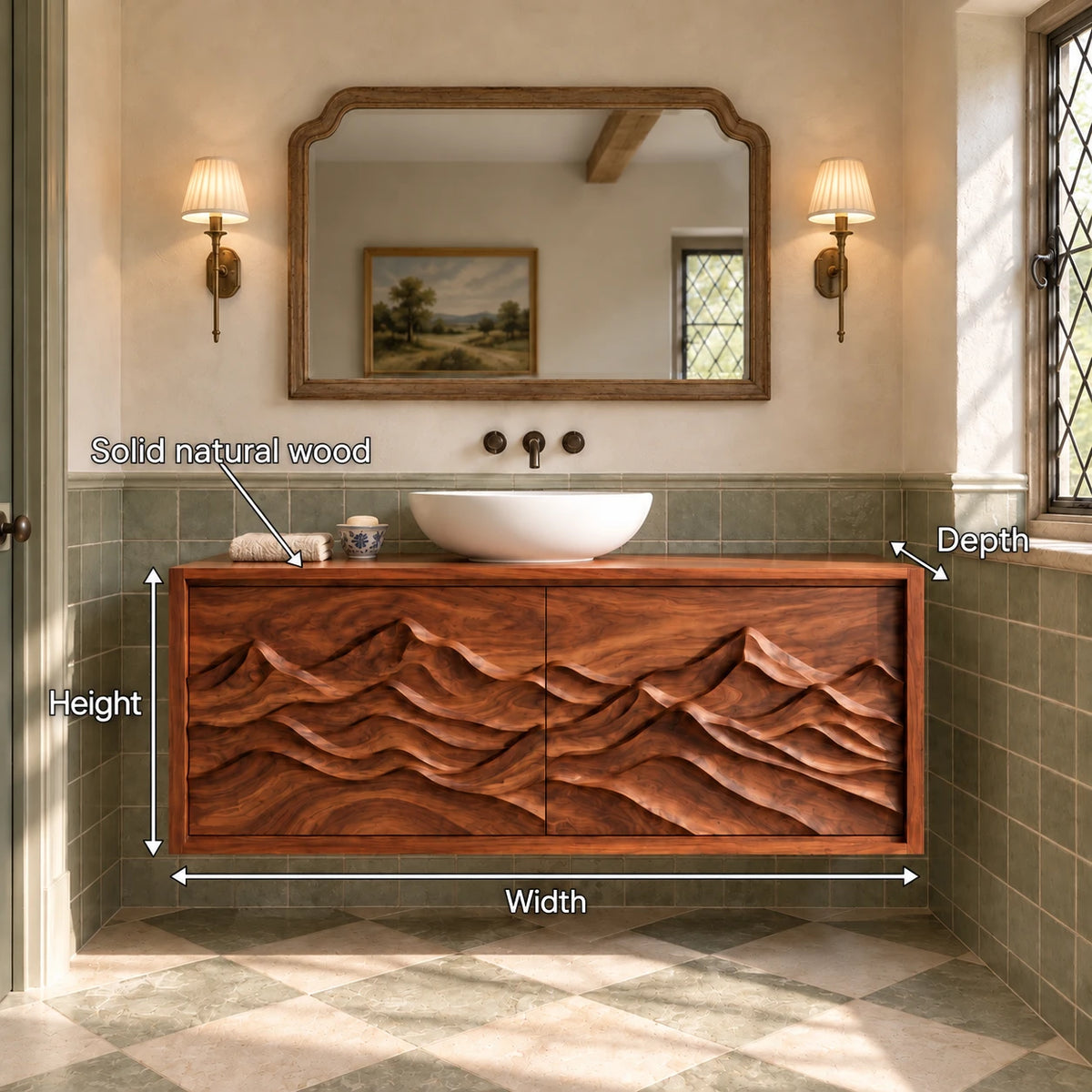 Floating Bathroom Vanity with Sink, Twin Wave-Carved Doors and Framed Front - Woodenecho - 8