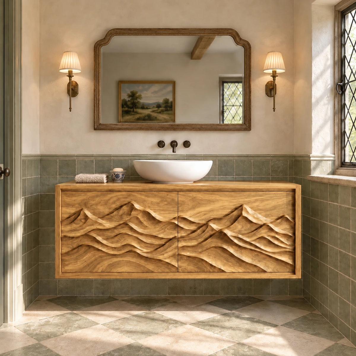 Floating Bathroom Vanity with Sink, Twin Wave-Carved Doors and Framed Front - Woodenecho - 9