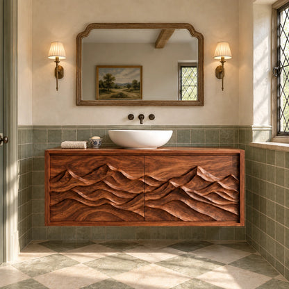 Floating Bathroom Vanity with Sink, Twin Wave-Carved Doors and Framed Front - Woodenecho