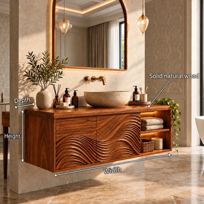 Floating Bathroom Vanity with Sink, Wave-Carved Doors and Open Side Shelves - Woodenecho - 10