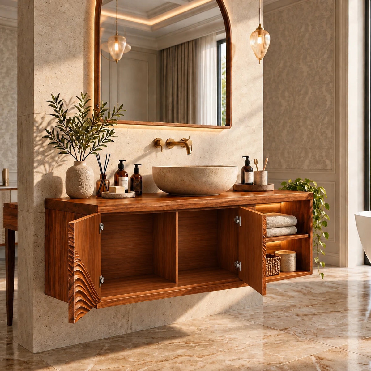 Floating Bathroom Vanity with Sink, Wave-Carved Doors and Open Side Shelves - Woodenecho - 11