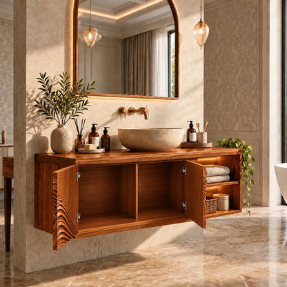 Floating Bathroom Vanity with Sink, Wave-Carved Doors and Open Side Shelves - Woodenecho - 11