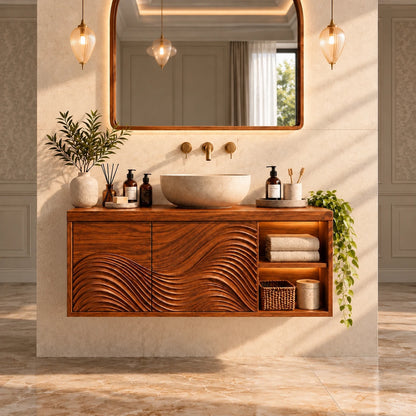 Floating Bathroom Vanity with Sink, Wave-Carved Doors and Open Side Shelves - Woodenecho - 12