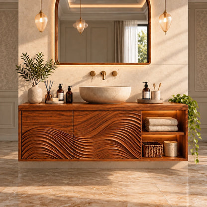 Floating Bathroom Vanity with Sink, Wave-Carved Doors and Open Side Shelves - Woodenecho - 13