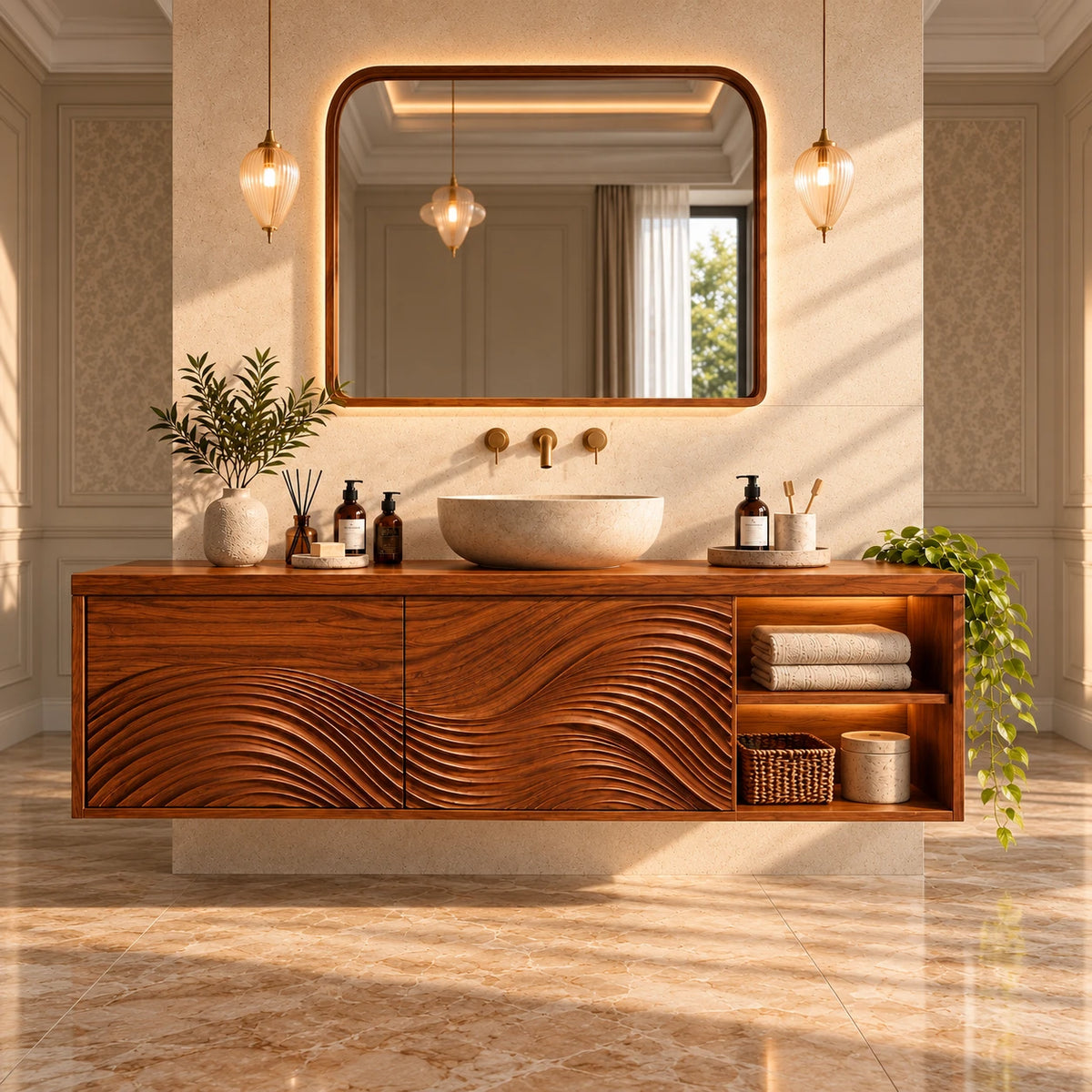 Floating Bathroom Vanity with Sink, Wave-Carved Doors and Open Side Shelves - Woodenecho - 14