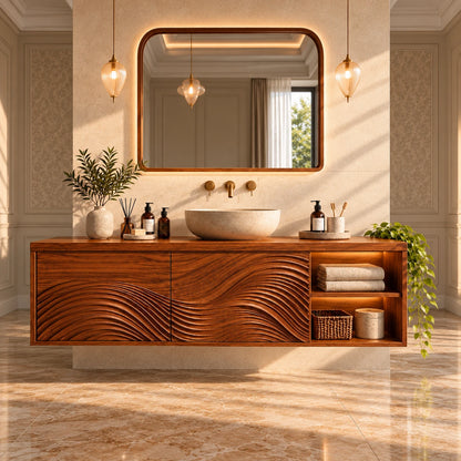 Floating Bathroom Vanity with Sink, Wave-Carved Doors and Open Side Shelves - Woodenecho - 14