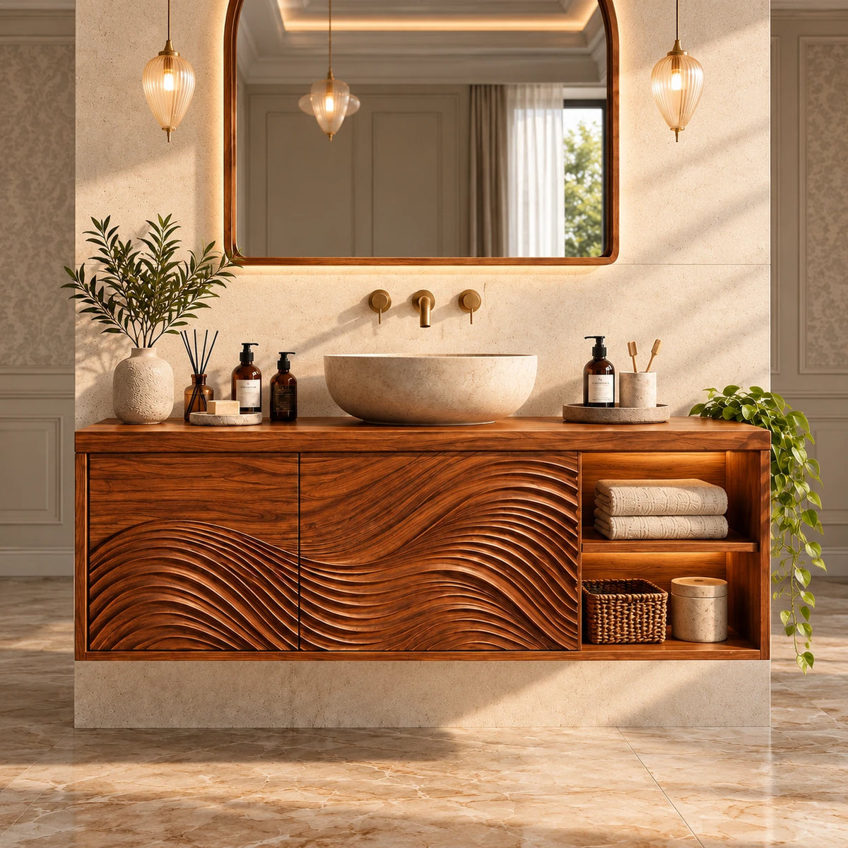 Floating Bathroom Vanity with Sink, Wave-Carved Doors and Open Side Shelves - Woodenecho - 2