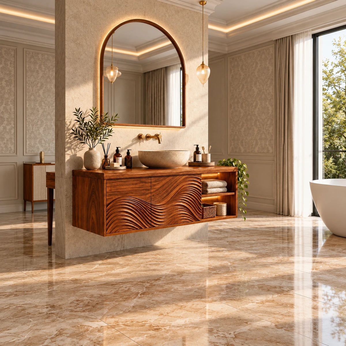 Floating Bathroom Vanity with Sink, Wave-Carved Doors and Open Side Shelves - Woodenecho - 3
