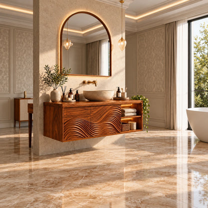 Floating Bathroom Vanity with Sink, Wave-Carved Doors and Open Side Shelves - Woodenecho - 3