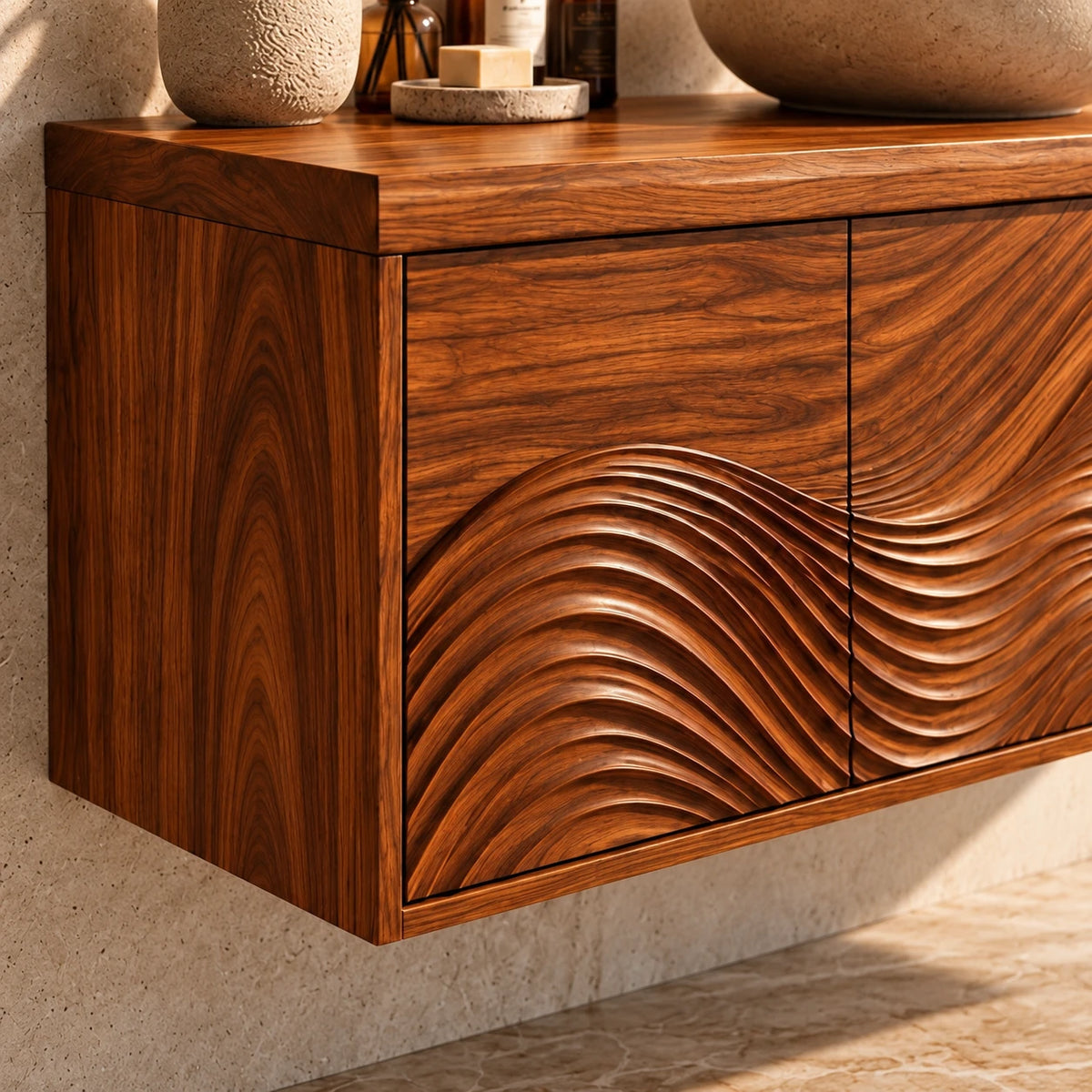 Floating Bathroom Vanity with Sink, Wave-Carved Doors and Open Side Shelves - Woodenecho - 4