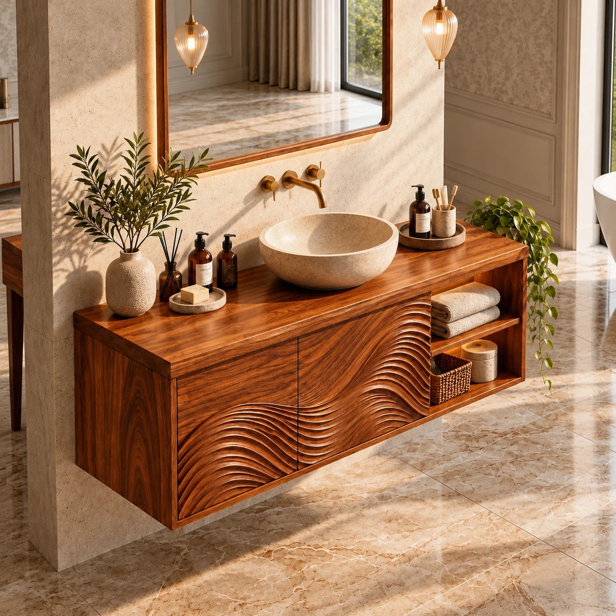Floating Bathroom Vanity with Sink, Wave-Carved Doors and Open Side Shelves - Woodenecho - 5