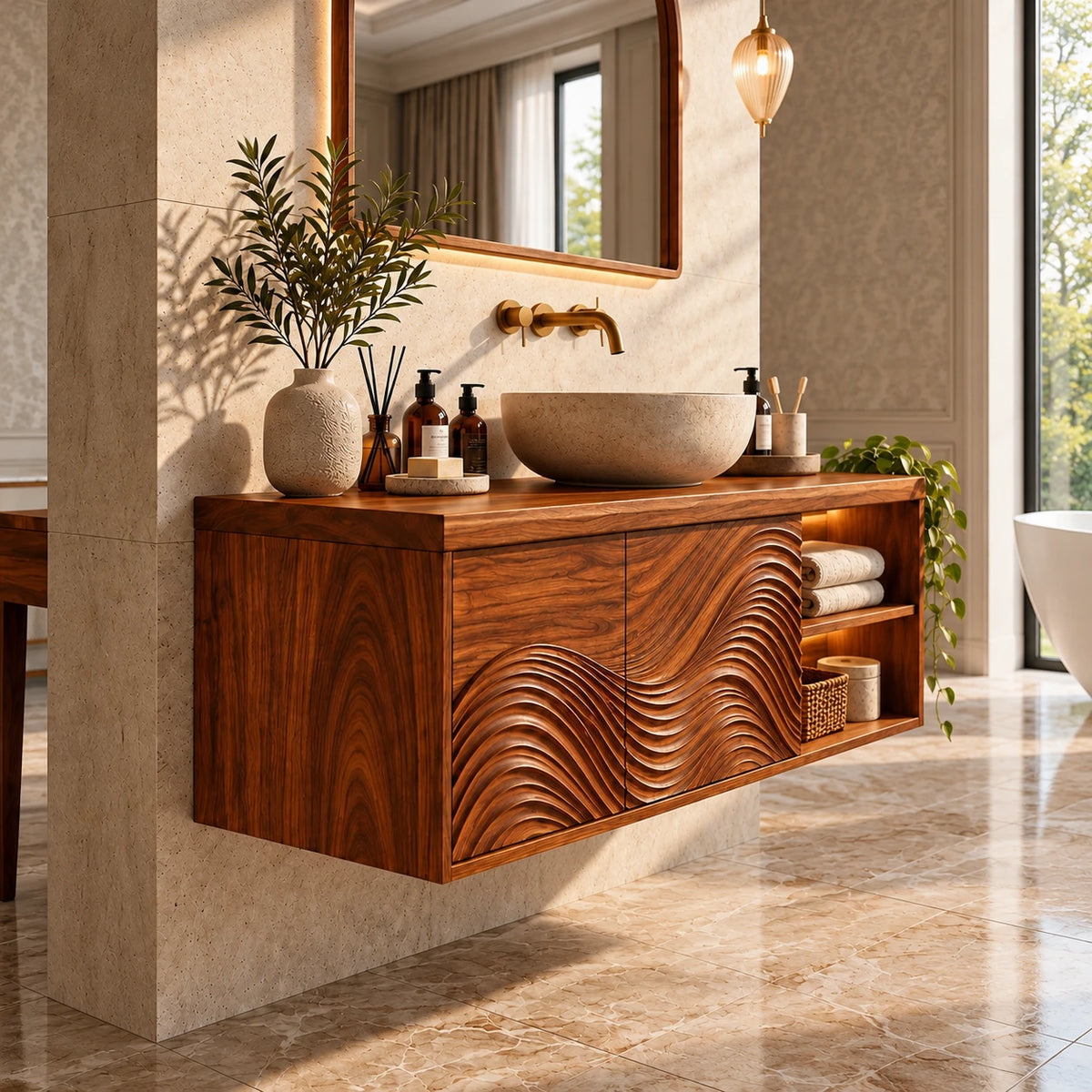 Floating Bathroom Vanity with Sink, Wave-Carved Doors and Open Side Shelves - Woodenecho - 6