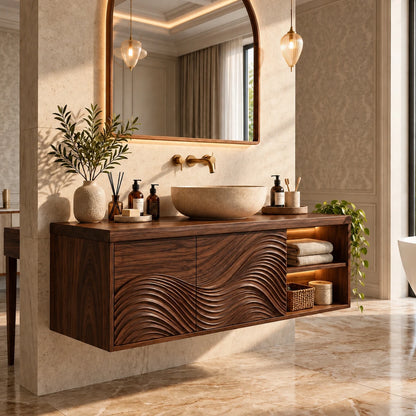 Floating Bathroom Vanity with Sink, Wave-Carved Doors and Open Side Shelves - Woodenecho - 7