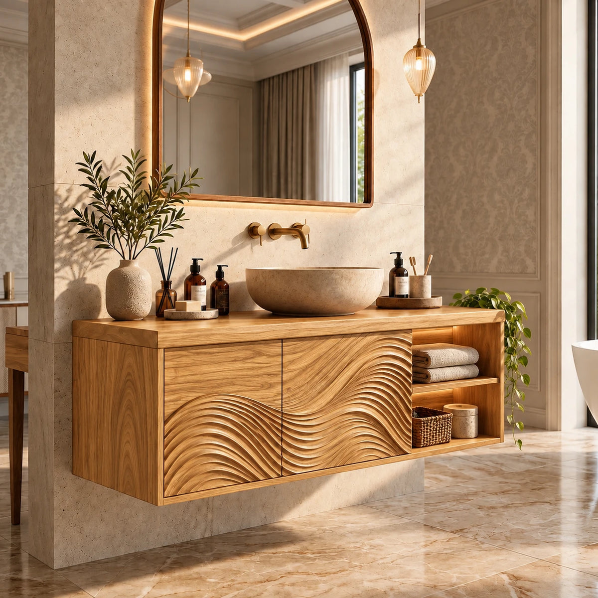 Floating Bathroom Vanity with Sink, Wave-Carved Doors and Open Side Shelves - Woodenecho - 8