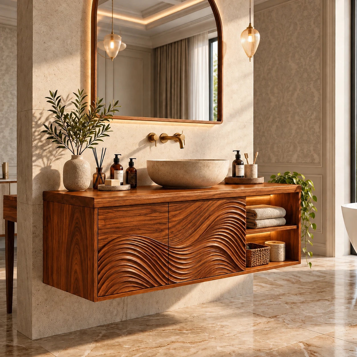 Floating Bathroom Vanity with Sink, Wave-Carved Doors and Open Side Shelves - Woodenecho