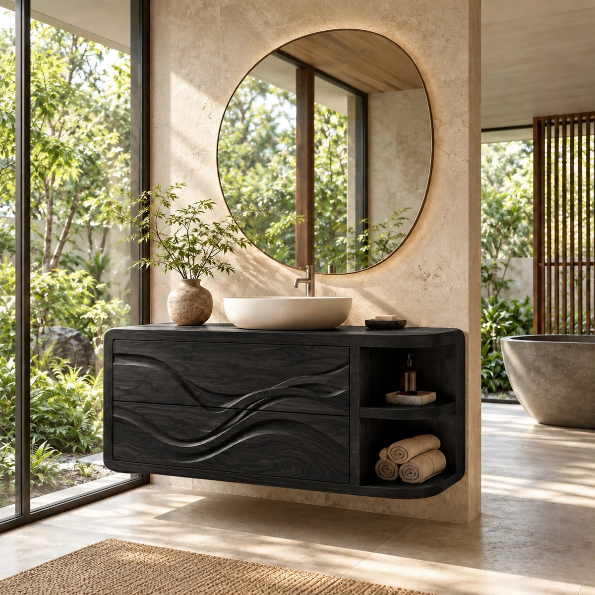 Floating Bathroom Vanity with Sink, Wave-Carved Drawers and Rounded Shelf End - Woodenecho - 11