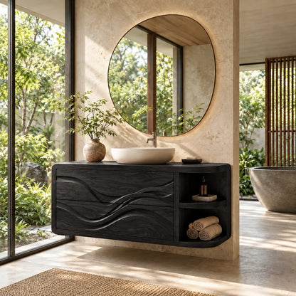 Floating Bathroom Vanity with Sink, Wave-Carved Drawers and Rounded Shelf End - Woodenecho - 11