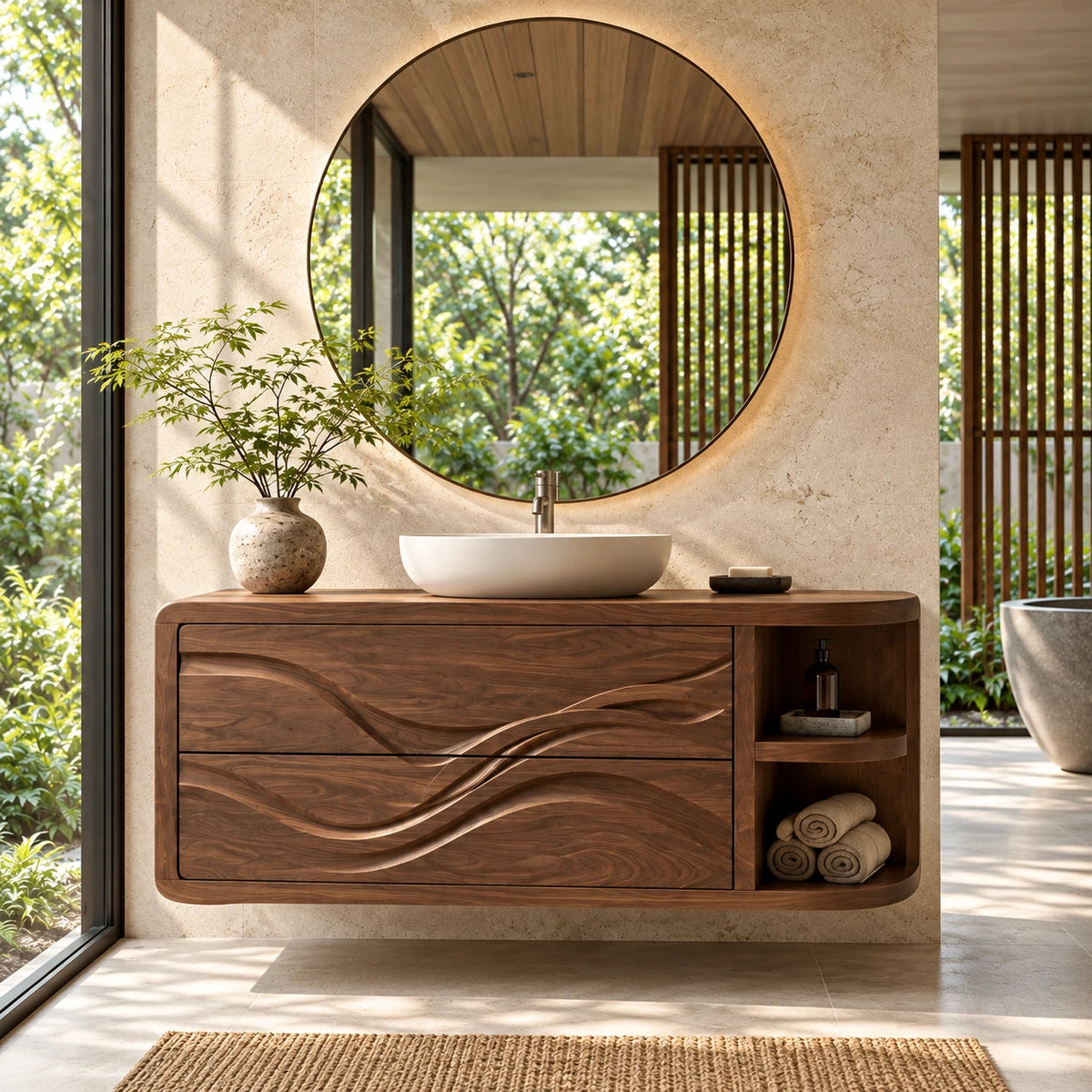 Floating Bathroom Vanity with Sink, Wave-Carved Drawers and Rounded Shelf End - Woodenecho - 2