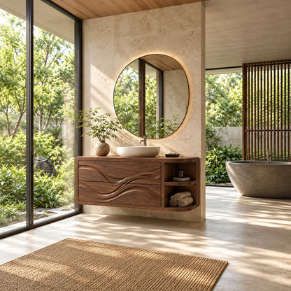 Floating Bathroom Vanity with Sink, Wave-Carved Drawers and Rounded Shelf End - Woodenecho - 3