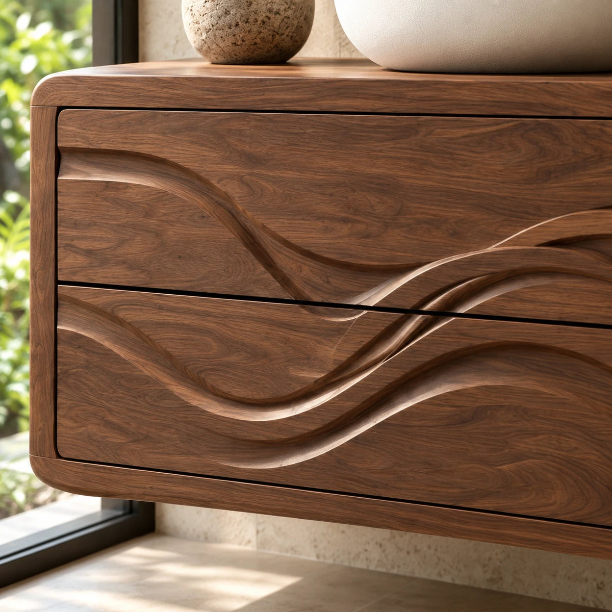 Floating Bathroom Vanity with Sink, Wave-Carved Drawers and Rounded Shelf End - Woodenecho - 4