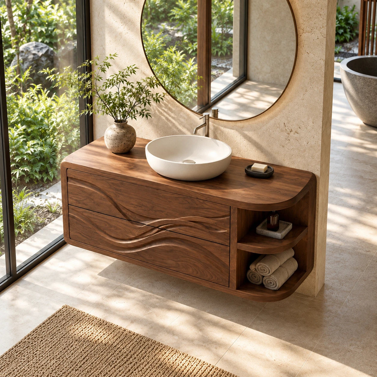 Floating Bathroom Vanity with Sink, Wave-Carved Drawers and Rounded Shelf End - Woodenecho - 5