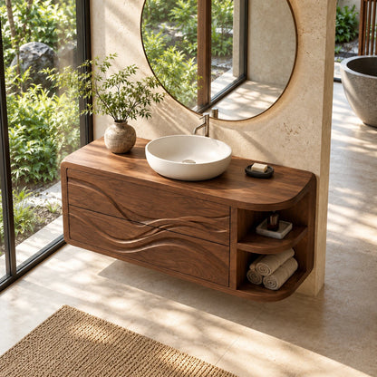 Floating Bathroom Vanity with Sink, Wave-Carved Drawers and Rounded Shelf End - Woodenecho - 5