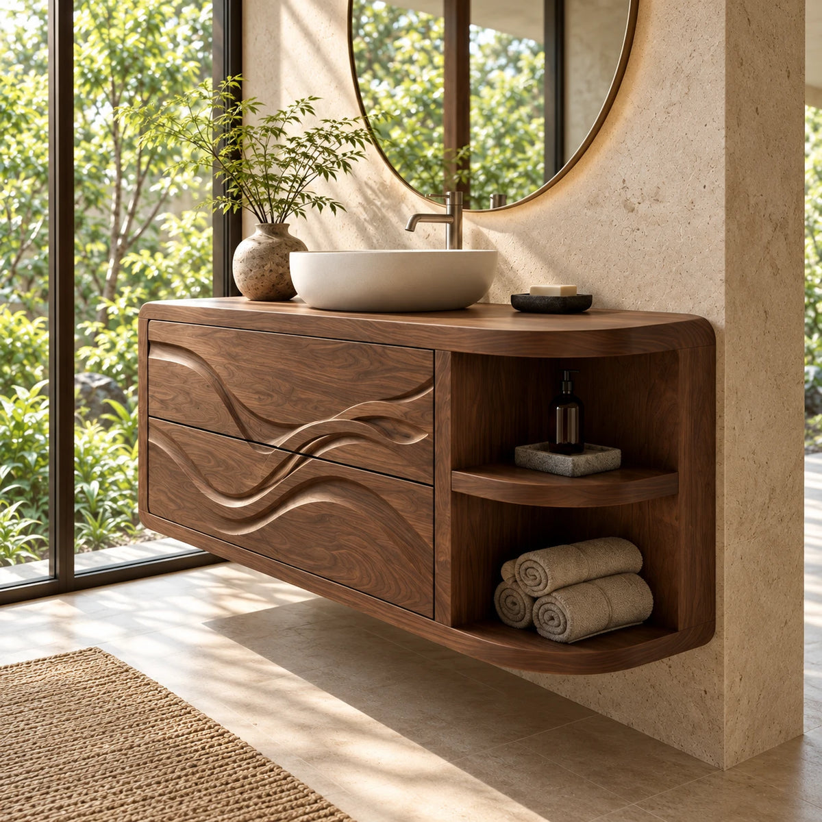 Floating Bathroom Vanity with Sink, Wave-Carved Drawers and Rounded Shelf End - Woodenecho - 6