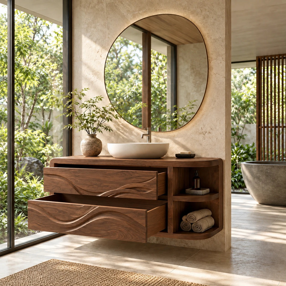 Floating Bathroom Vanity with Sink, Wave-Carved Drawers and Rounded Shelf End - Woodenecho - 7