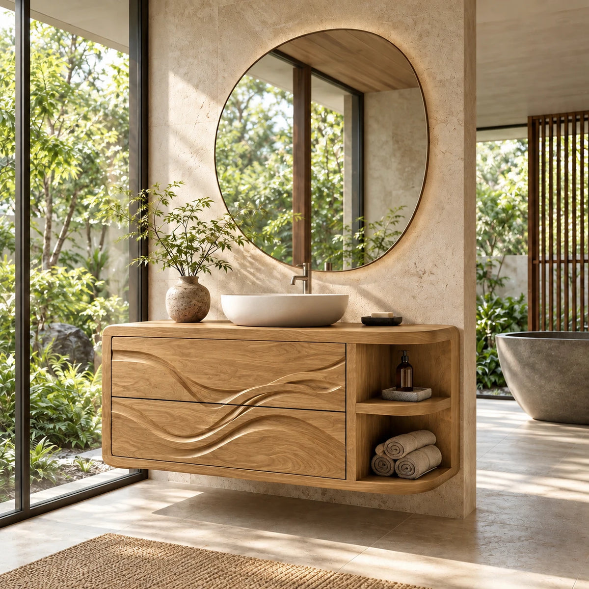 Floating Bathroom Vanity with Sink, Wave-Carved Drawers and Rounded Shelf End - Woodenecho - 9