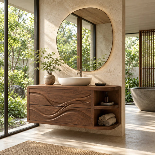 Floating Bathroom Vanity with Sink, Wave-Carved Drawers and Rounded Shelf End - Woodenecho