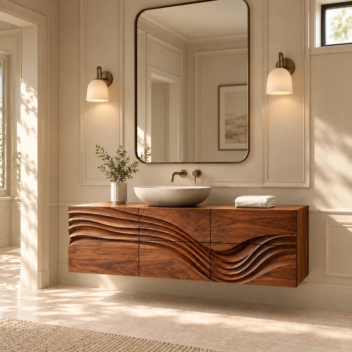 Floating Bathroom Vanity with Sink, Wave-Carved Six-Drawer Front and Round Basin - Woodenecho - 10