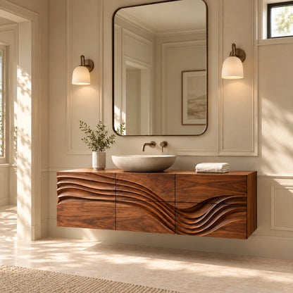 Floating Bathroom Vanity with Sink, Wave-Carved Six-Drawer Front and Round Basin - Woodenecho - 10