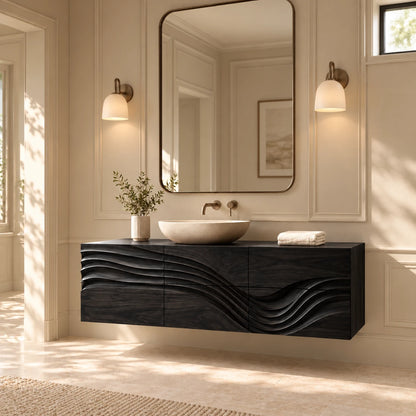 Floating Bathroom Vanity with Sink, Wave-Carved Six-Drawer Front and Round Basin - Woodenecho - 11