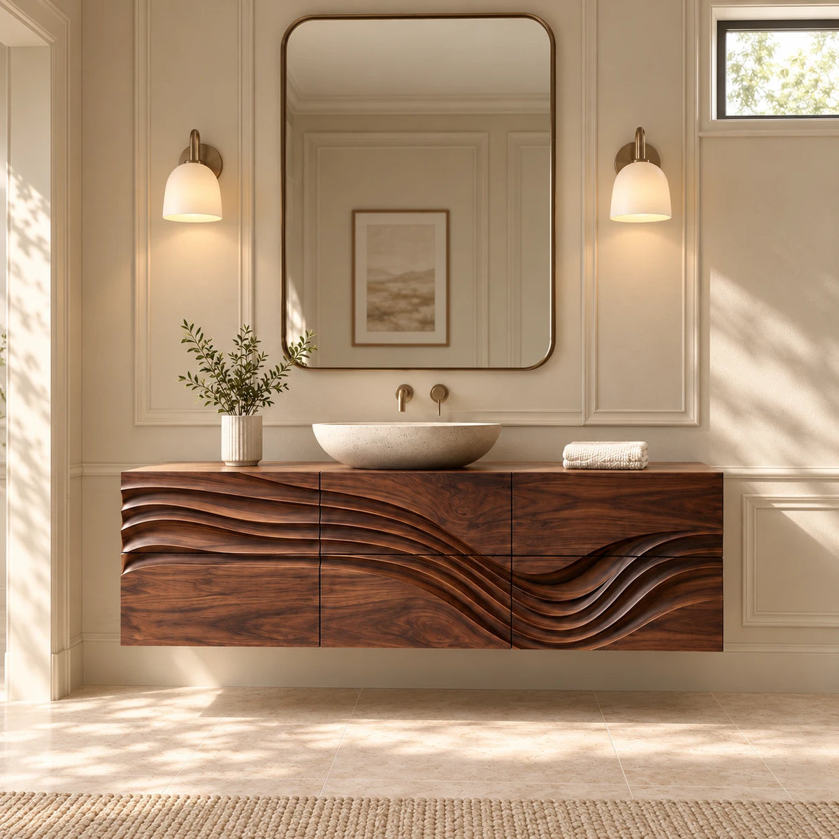 Floating Bathroom Vanity with Sink, Wave-Carved Six-Drawer Front and Round Basin - Woodenecho - 2