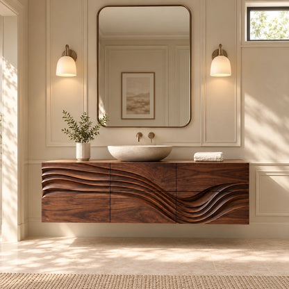 Floating Bathroom Vanity with Sink, Wave-Carved Six-Drawer Front and Round Basin - Woodenecho - 2