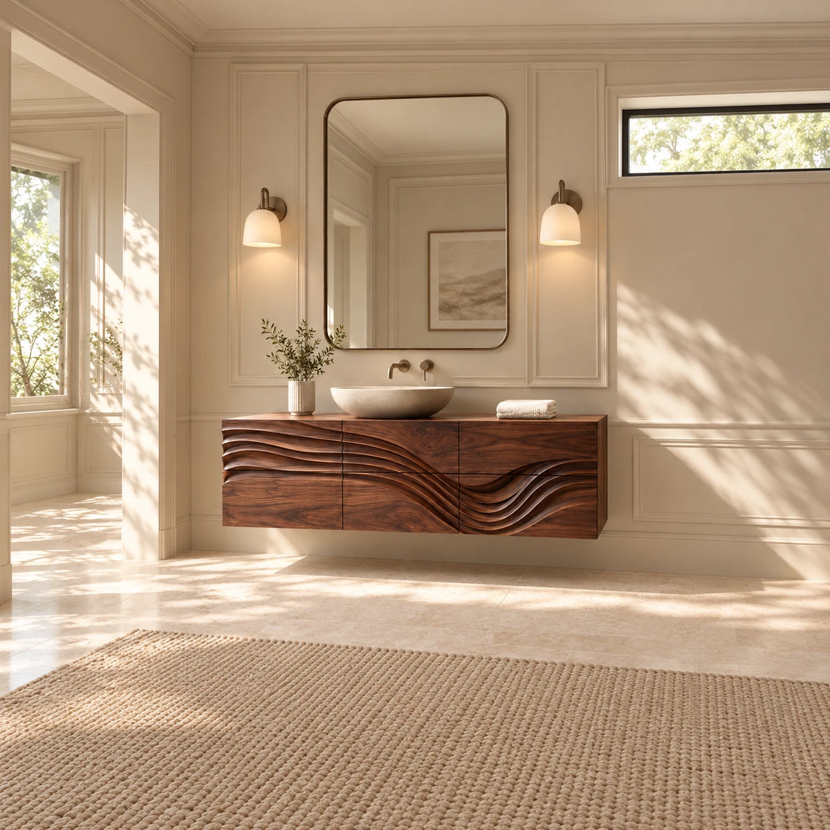 Floating Bathroom Vanity with Sink, Wave-Carved Six-Drawer Front and Round Basin - Woodenecho - 3