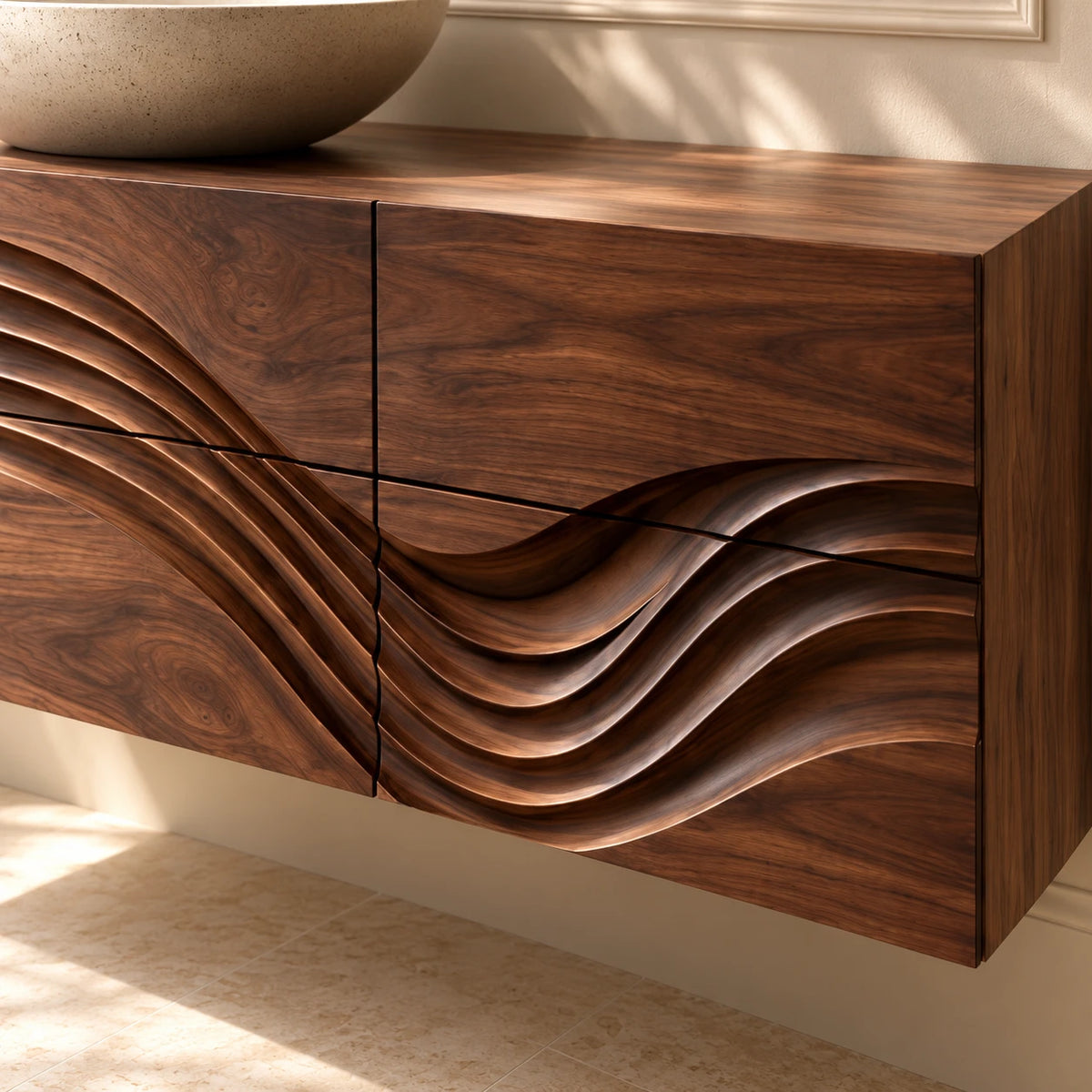 Floating Bathroom Vanity with Sink, Wave-Carved Six-Drawer Front and Round Basin - Woodenecho - 4