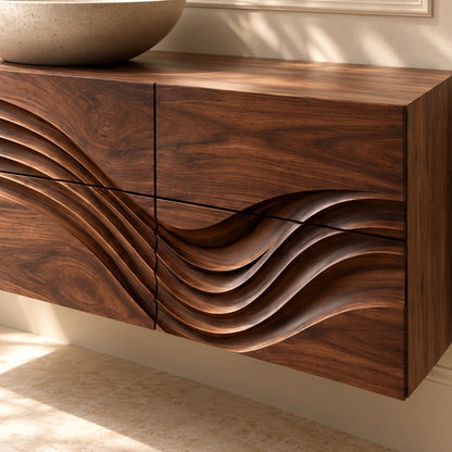 Floating Bathroom Vanity with Sink, Wave-Carved Six-Drawer Front and Round Basin - Woodenecho - 4
