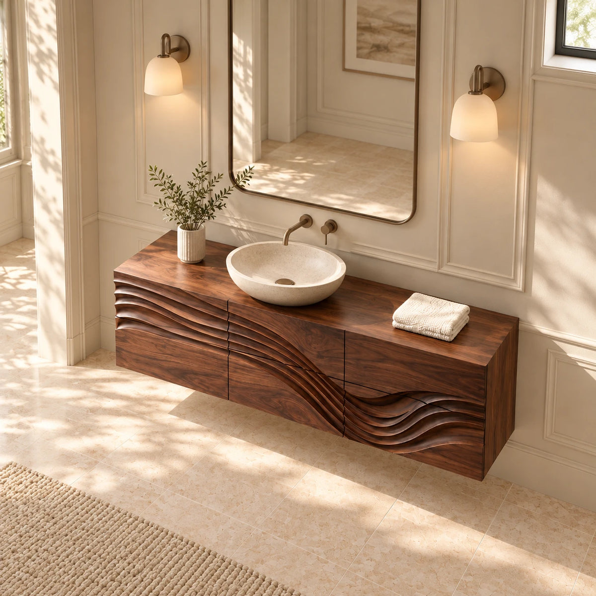 Floating Bathroom Vanity with Sink, Wave-Carved Six-Drawer Front and Round Basin - Woodenecho - 5
