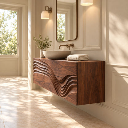 Floating Bathroom Vanity with Sink, Wave-Carved Six-Drawer Front and Round Basin - Woodenecho - 6