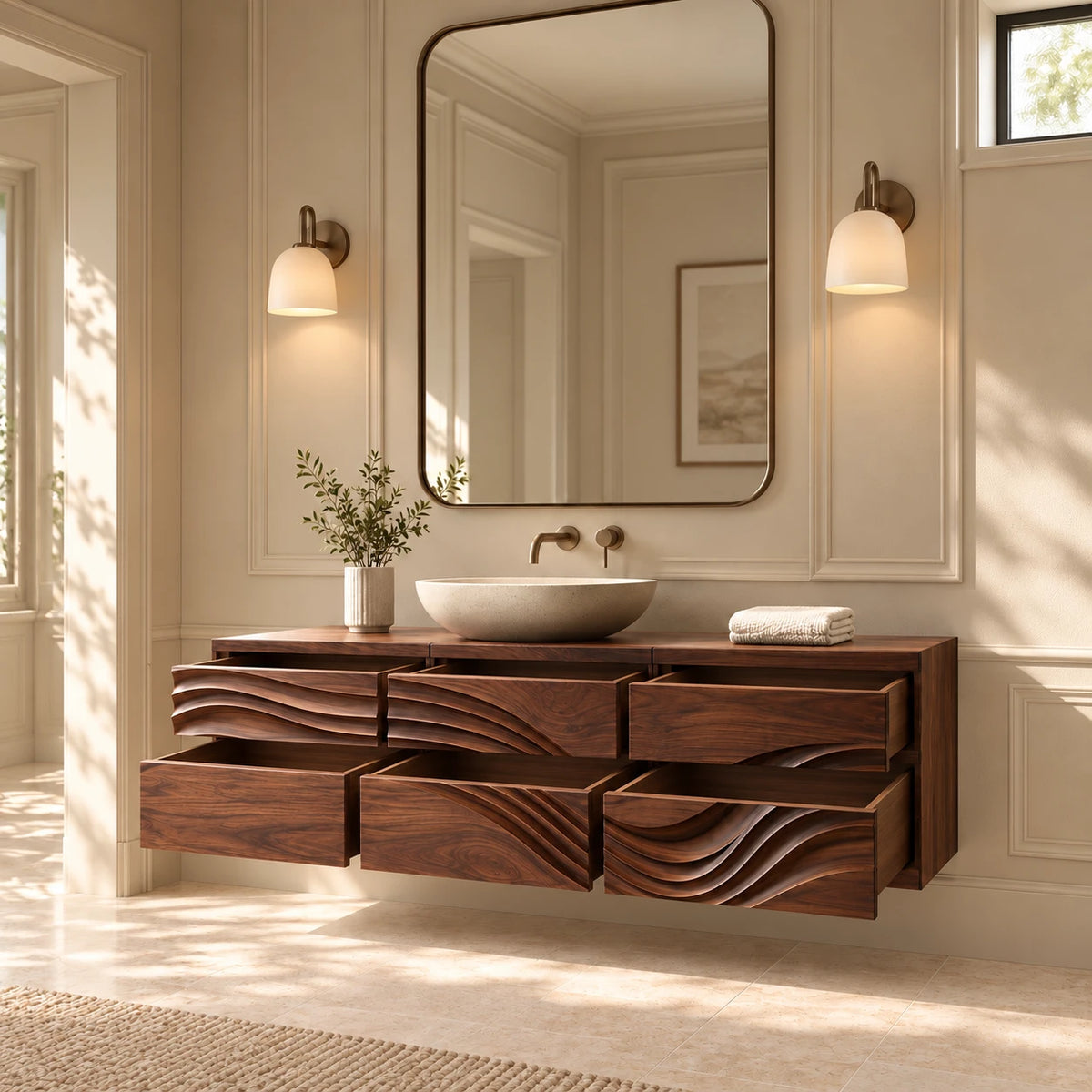 Floating Bathroom Vanity with Sink, Wave-Carved Six-Drawer Front and Round Basin - Woodenecho - 7